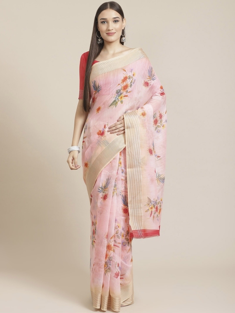 

Shangrila Creation Pink & Orange Floral Digital Print Saree
