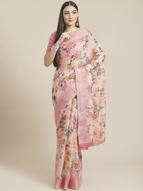 

Shangrila Creation Pink & Blue Floral Digital Print Saree