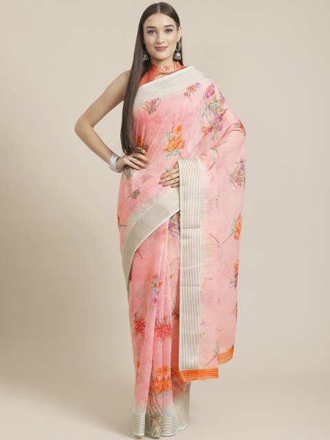 

Shangrila Creation Pink & Orange Floral Digital Print Saree