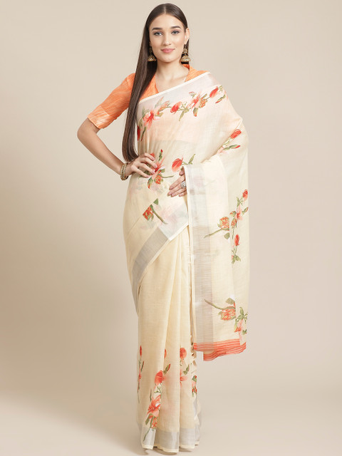 

Shangrila Creation Off-White & Peach-Coloured Floral Digital Print Saree
