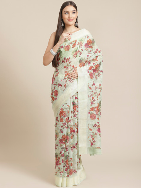 

Shangrila Creation Green & Rust Red Floral Digital Print Saree