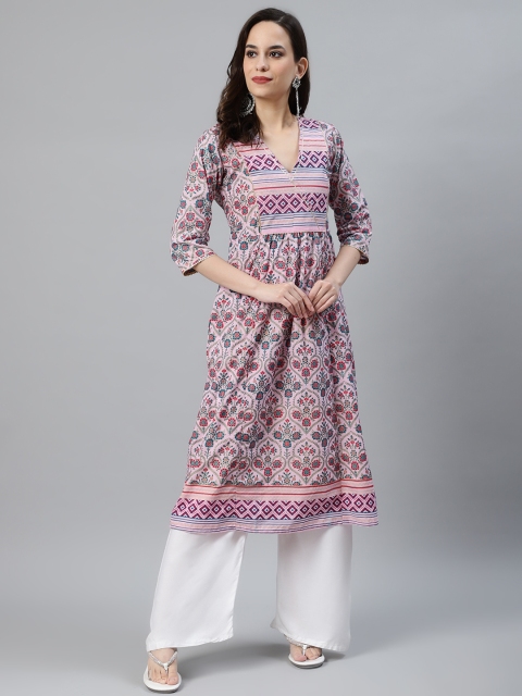 

Anubhutee Women Pink & Blue Printed A-Line Kurta