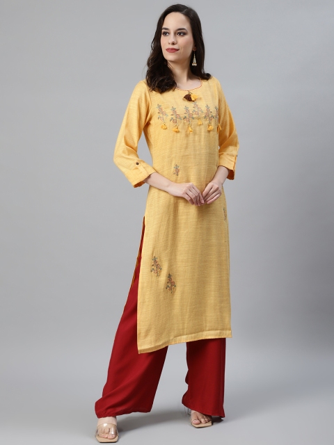 

Anubhutee Women Yellow Ethnic Motifs Embroidered Staright Kurta