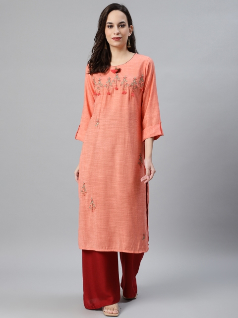 

Anubhutee Women Coral Orange Embroidered Straight Kurta