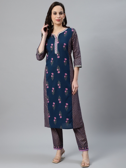 

Anubhutee Women Teal Blue & Pink Pure Cotton Printed Kurta with Trousers