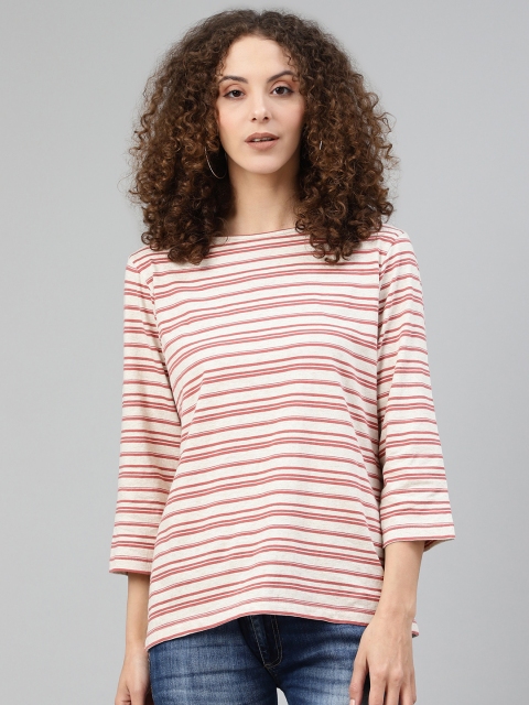 

Femella Women Rust Striped Boat Neck T-shirt