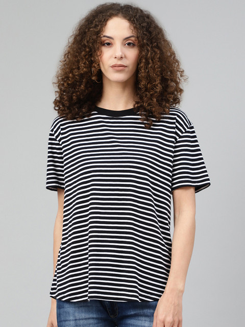 

Femella Women Black Striped Round Neck T-shirt