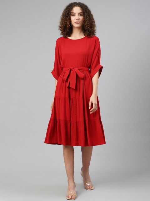 

Femella Women Red Solid Tiered A-Line Dress