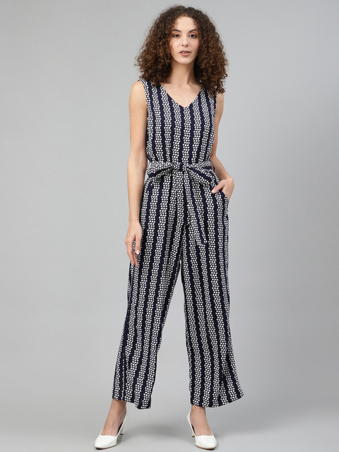 

Femella Women Navy Blue & White Floral Striped Basic Jumpsuit