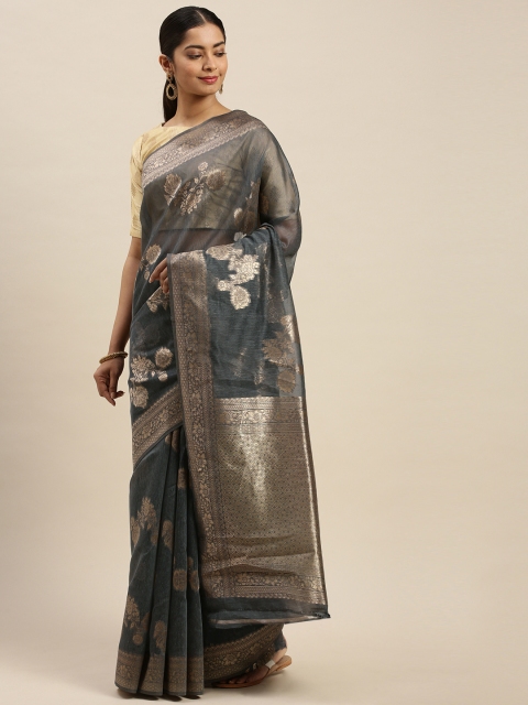 

Varanga Charcoal Grey & Gold-Toned Woven Design Kanjeevaram Saree