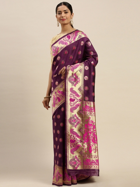 

Varanga Purple & Gold-Toned Woven Design Kanjeevaram Saree