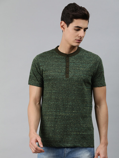 

MARCA Disati Men Olive Green Solid Henley Neck Pure Cotton T-shirt with Melange Effect