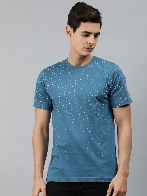 

MARCA Disati Men Blue Printed Round Neck Pure Cotton T-shirt