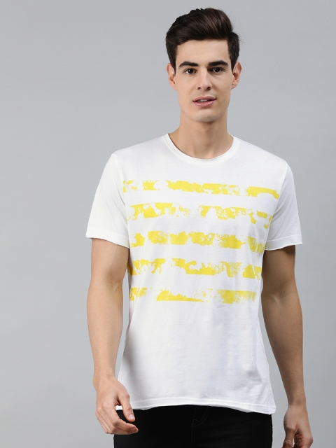 

MARCA Disati Men White Yellow Printed Round Neck Pure Cotton T-shirt