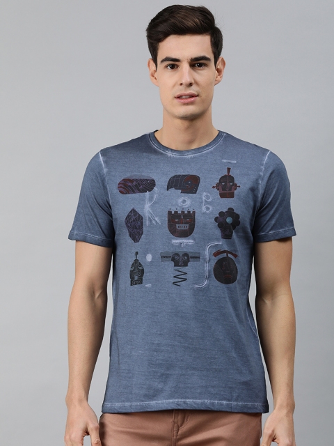 

MARCA Disati Men Blue Printed Round Neck Cotton T-shirt