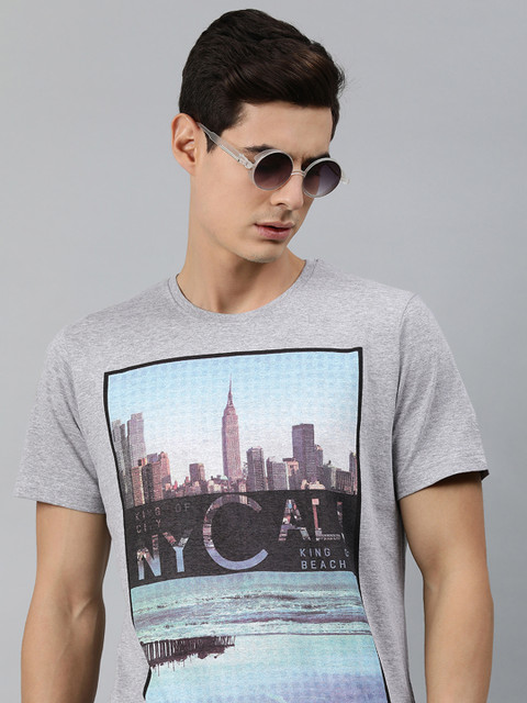 

MARCA Disati Men Grey Melange & Blue Printed Round Neck T-shirt