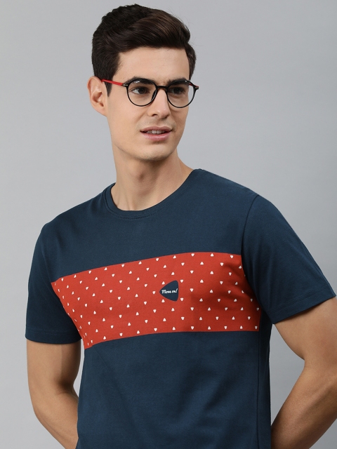 

MARCA Disati Men Navy Blue Red Printed Round Neck Pure Cotton T-shirt