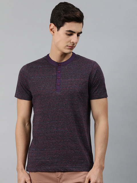 

MARCA Disati Men Burgundy Melange Printed Henley Neck Pure Cotton T-shirt