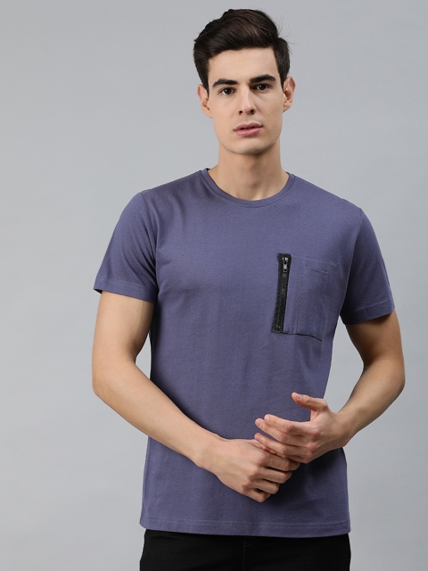 

MARCA Disati Men Blue Solid Round Neck Pure Cotton T-shirt