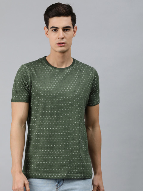 

MARCA Disati Men Olive Green White Printed Round Neck Pure Cotton T-shirt