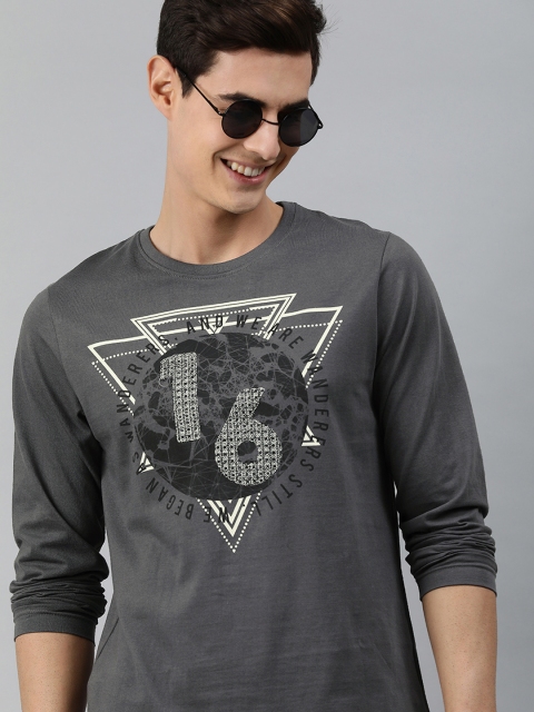 

MARCA Disati Men Grey Printed Round Neck Pure Cotton T-shirt