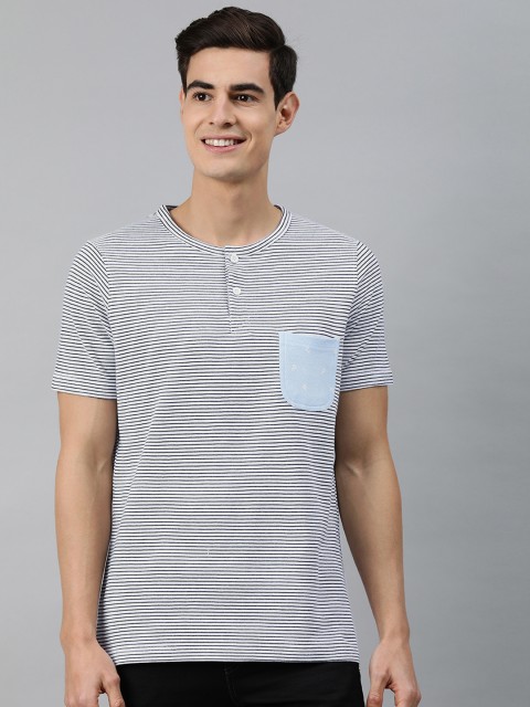 

MARCA Disati Men White Striped Pure Cotton Henley Neck Pure Cotton T-shirt