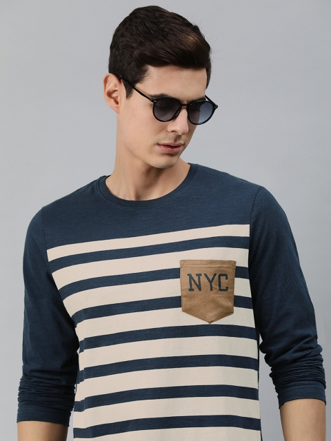 

MARCA Disati Men Navy Blue Striped Pure Cotton Round Neck T-shirt