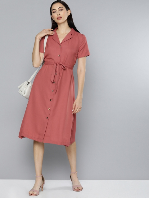 

Chemistry Women Rust Pink Solid Cuban Collar Shirt Dress