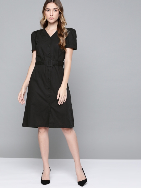 

Chemistry Black Pure Cotton Solid A-Line Dress with Belt