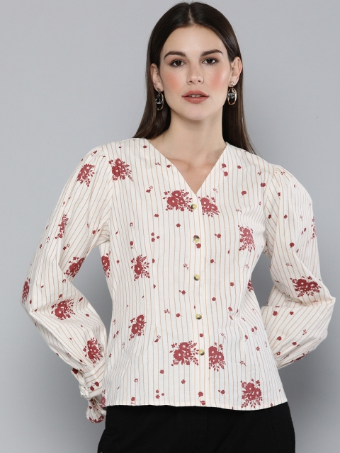 

Chemistry Women Off-White Floral Print V-Neck Cuffed Sleeves Pure Cotton Regular Top