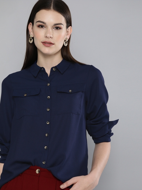 

Chemistry Women Navy Blue Regular Fit Solid Casual Shirt