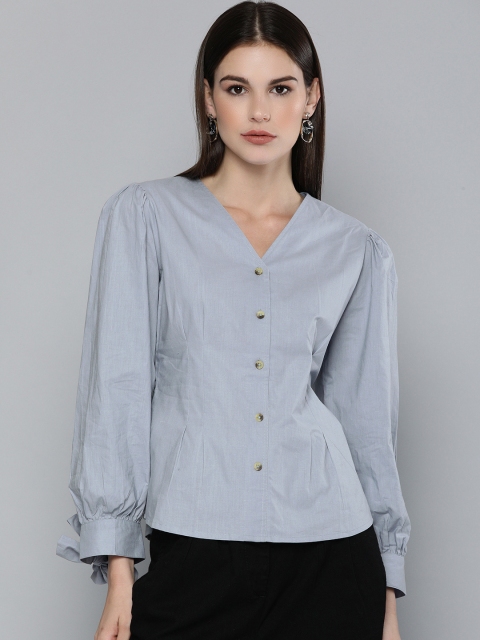 

Chemistry Women Blue Solid V-Neck Cuffed Sleeves Pure Cotton Regular Top