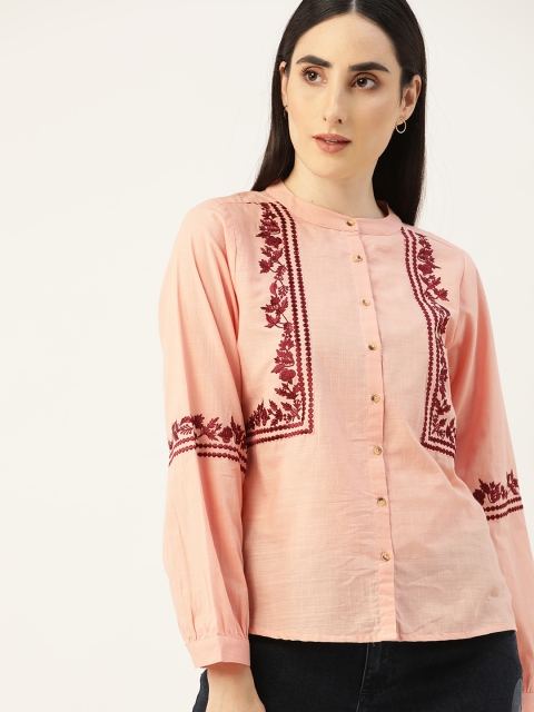 

Chemistry Peach-Coloured & Maroon Embroidered Pure Cotton Puff Sleeve Regular Top