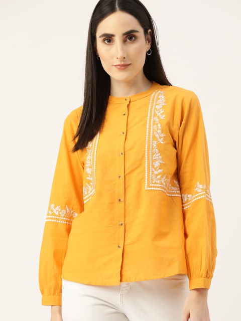 

Chemistry Mustard Yellow & White Embroidered Pure Cotton Puff Sleeve Regular Top