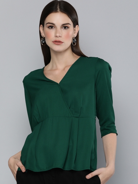 

Chemistry Women Green Solid Pleated V-Neck Puff Sleeves Cinched Waist Top
