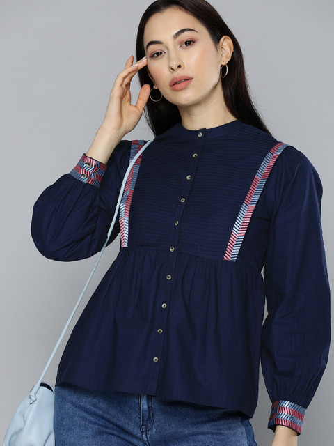 

Chemistry Navy Blue Pure Cotton Tuck Pleated A-Line Top