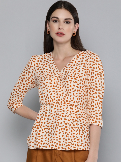 

Chemistry Women Off-White & Brown Printed Pleated V-Neck Puff Sleeves Cinched Waist Top