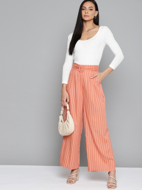 

Chemistry Women Peach-Coloured Striped High-Rise Parallel Trousers with Belt