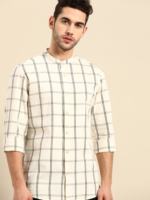 

ether Kora Collection Men Off-White Checked Cotton Sustainable Unbleached Casual Shirt