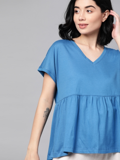 

M&H Easy Blue Solid Pure Cotton Extended Sleeves Peplum Top
