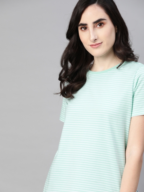 

M&H Easy Women Sea Green & White Easy Curved Hem Striped Yarn Dyed T-shirt