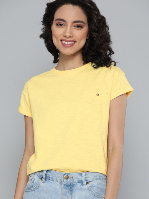 

M&H Easy Women Yellow Solid Round Neck T-shirt