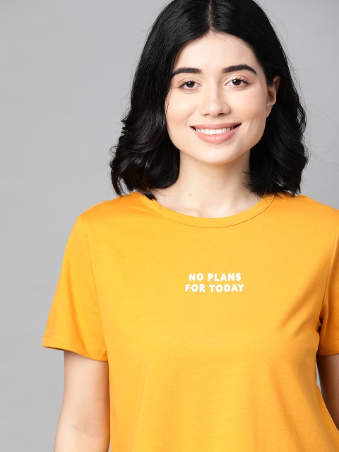 

M&H Easy Women Mustard Yellow & White Typography Printed Cropped T-shirt