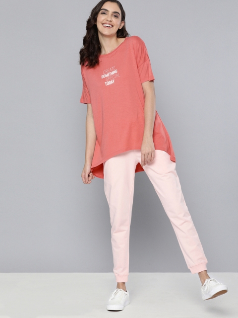 

M&H Easy Women Pink & White Typography Print High-Low Hem T-shirt
