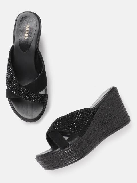 

Anouk Women Black Embellished Criss-Cross Handcrafted Wedges