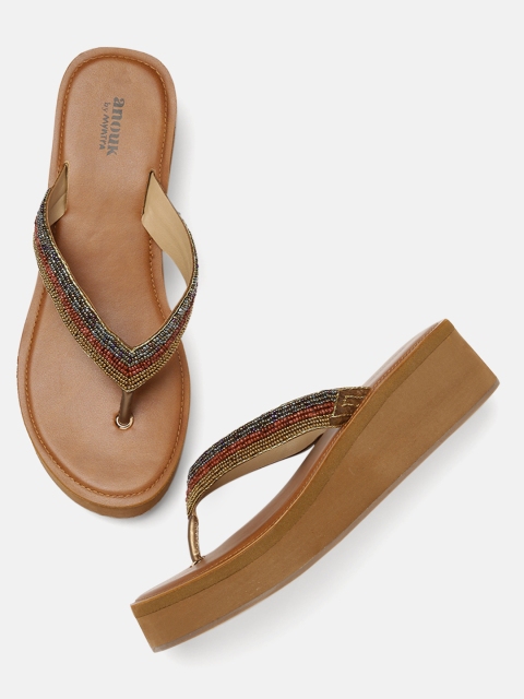 

Anouk Brown & Gold-Toned Solid Embellished Wedges