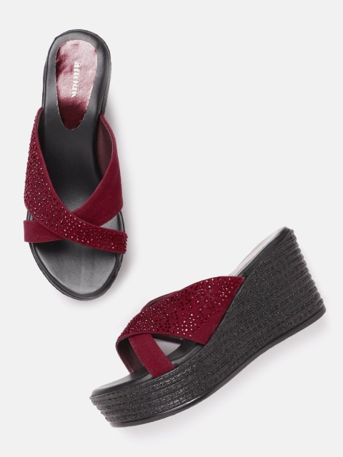 

Anouk Women Maroon Embellished Criss-Cross Handcrafted Wedges