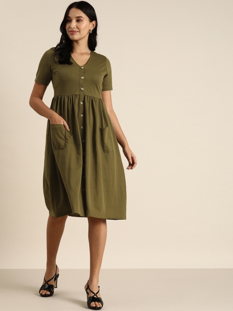 

all about you Olive Green Self-Design Fit and Flare Dress