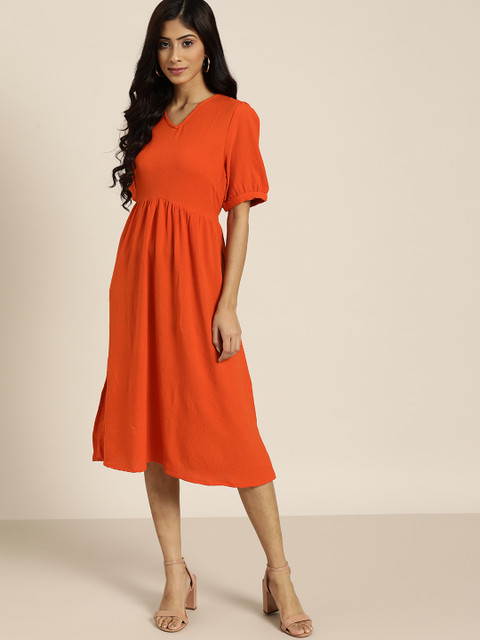

all about you Orange Solid Midi A-Line Dress