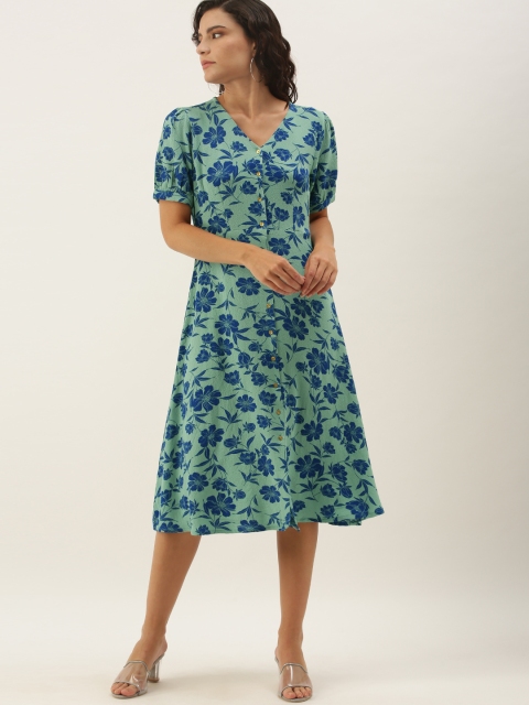 

all about you Green & Navy Blue Floral A-Line Dress